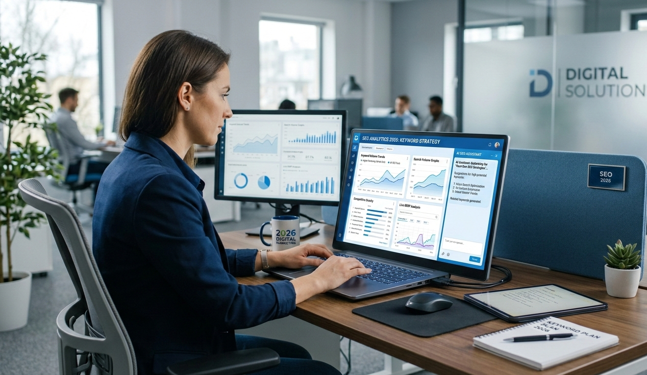 How to Do Keyword Research in 2026 Keyword research dashboard on laptop screen showing SEO analytics and search trends in 2026