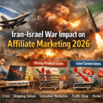 Iran-Israel war impact on affiliate marketing 2026 showing rising product costs, low conversions, and income drop illustration