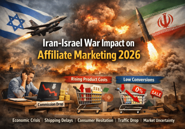 Iran-Israel war impact on affiliate marketing 2026 showing rising product costs, low conversions, and income drop illustration