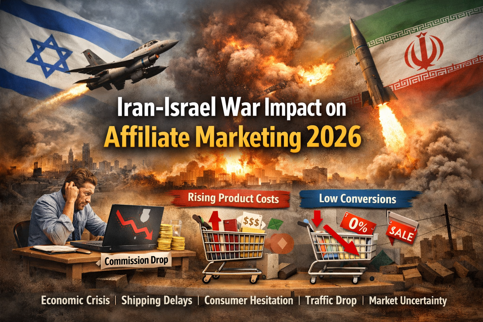 Iran-Israel war impact on affiliate marketing 2026 showing rising product costs, low conversions, and income drop illustration