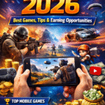 Mobile Gaming Guide 2026 cover image showing smartphone gameplay, battle royale action, racing car, coins, and money earning concept