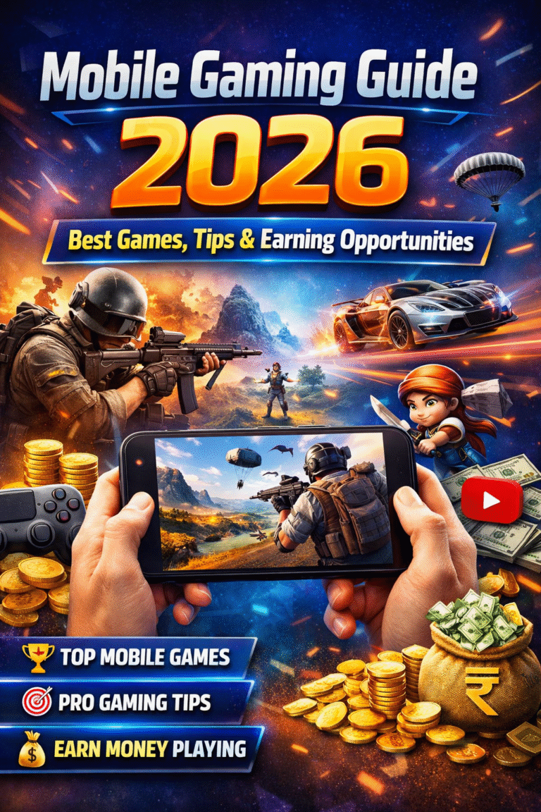 Mobile Gaming Guide 2026 cover image showing smartphone gameplay, battle royale action, racing car, coins, and money earning concept