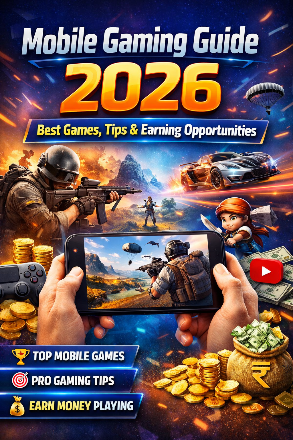Mobile Gaming Guide 2026 cover image showing smartphone gameplay, battle royale action, racing car, coins, and money earning concept