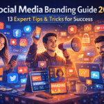 social media branding guide 2026 Digital illustration showing social media branding in 2026 with people using smartphones and laptops, surrounded by social media icons, engagement symbols, and branding elements in a modern futuristic setting.