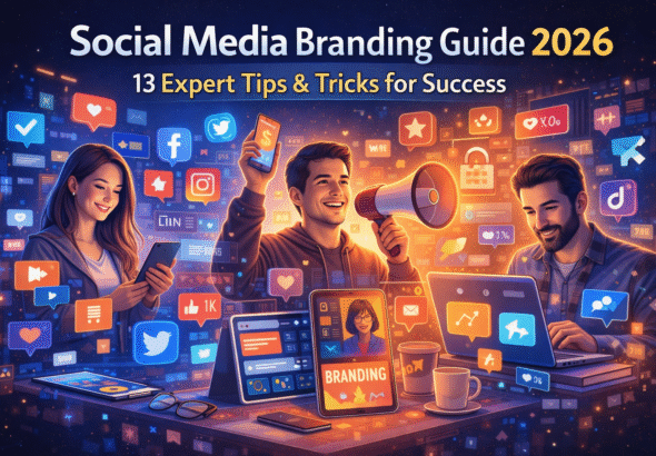 social media branding guide 2026 Digital illustration showing social media branding in 2026 with people using smartphones and laptops, surrounded by social media icons, engagement symbols, and branding elements in a modern futuristic setting.