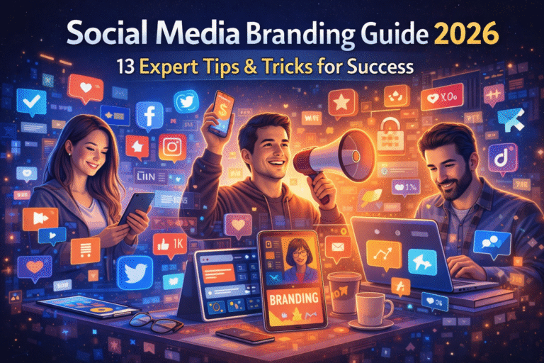 social media branding guide 2026 Digital illustration showing social media branding in 2026 with people using smartphones and laptops, surrounded by social media icons, engagement symbols, and branding elements in a modern futuristic setting.