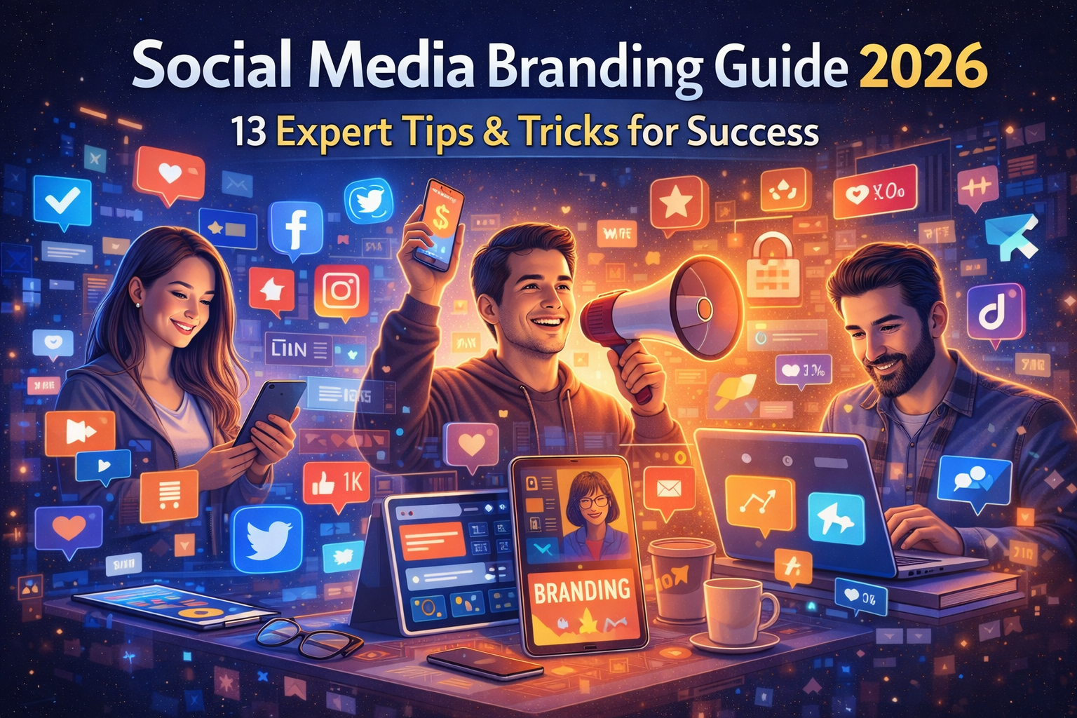 social media branding guide 2026 Digital illustration showing social media branding in 2026 with people using smartphones and laptops, surrounded by social media icons, engagement symbols, and branding elements in a modern futuristic setting.